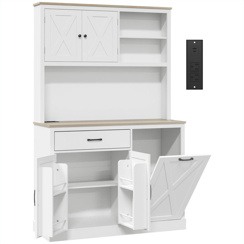 White pantry cabinet with oak-effect top, open tilt-out door and black power strip on a white background
