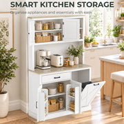 Smart kitchen storage panel showing shelves, baskets and jars in the open cupboards