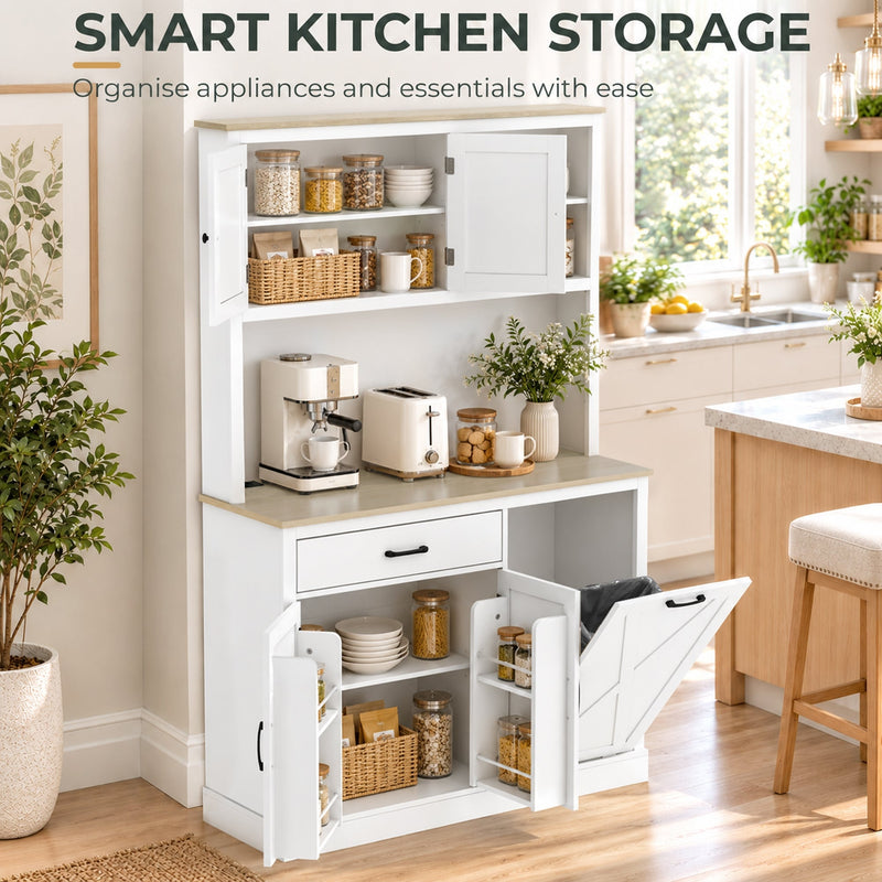 Smart kitchen storage panel showing shelves, baskets and jars in the open cupboards
