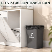 Tilt-out cabinet door open with a grey rubbish bin hidden inside