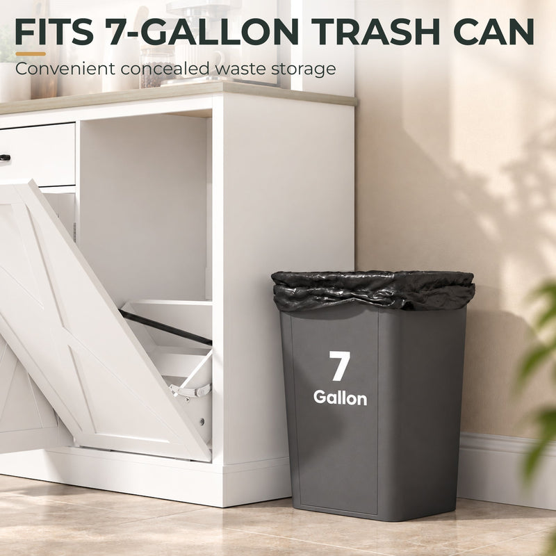 Tilt-out cabinet door open with a grey rubbish bin hidden inside