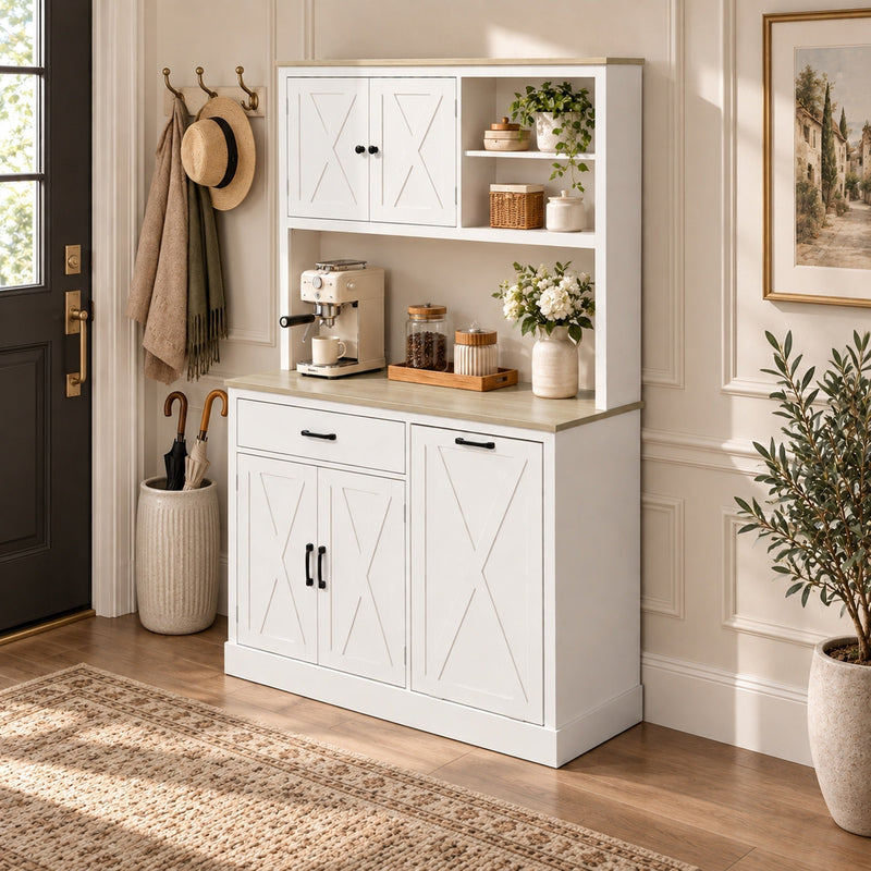 White pantry cabinet in an entrance area beside coat hooks and an umbrella stand