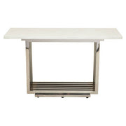 Front view of the white marble effect console table on its mirror-finished silver base