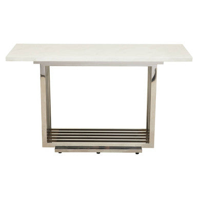 Front view of the white marble effect console table on its mirror-finished silver base