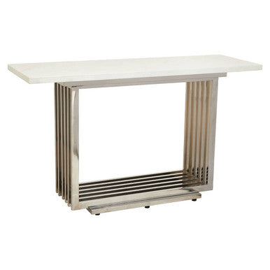 Angled view of the console table showing the open geometric stainless steel frame