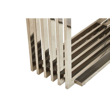 Close-up of the join between the geometric steel frame and the marble effect top