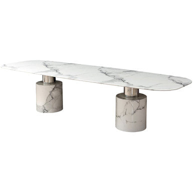 White marble dining table with cylindrical legs on a plain background