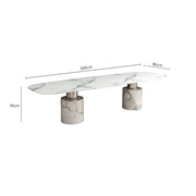 Dimensions diagram for the white marble dining table, 76H x 110D x 320W cm