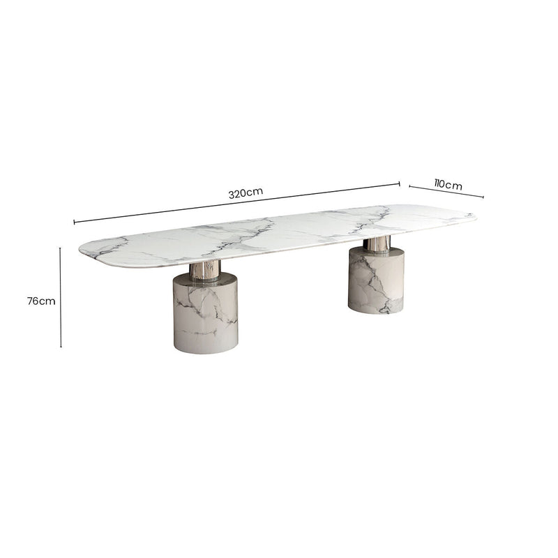 Dimensions diagram for the white marble dining table, 76H x 110D x 320W cm