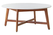 Side view of the white marble coffee table showing the acacia wood leg frame