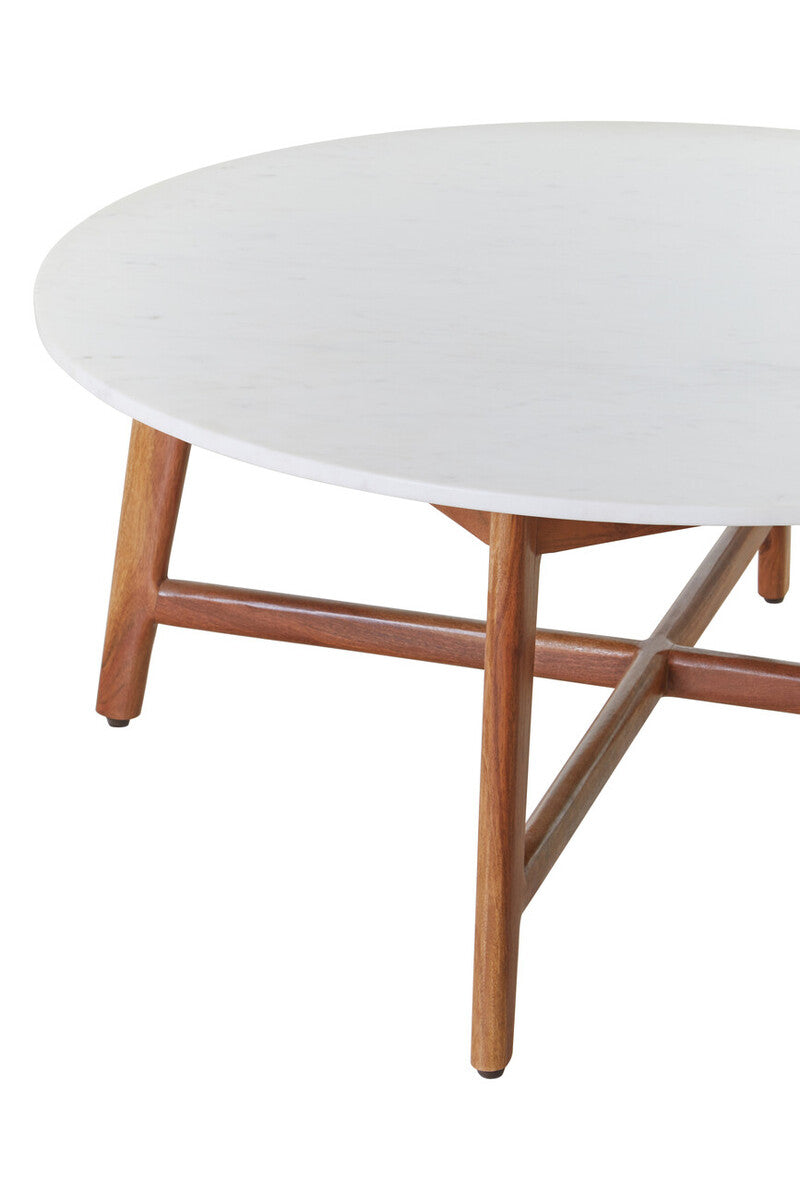 Close-up detail of a solid acacia wood leg where it meets the marble top