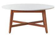 Overhead studio view of the round marble table top showing natural grey veining