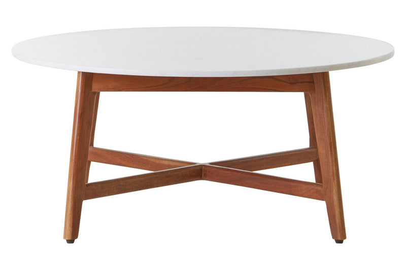 Overhead studio view of the round marble table top showing natural grey veining
