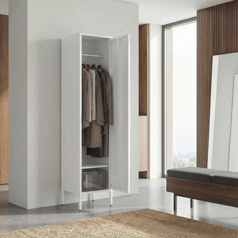 Single white locker with open door and hanging coats beside a bench