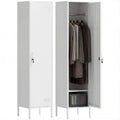 White single metal locker cabinet shown closed and open with coats hanging inside