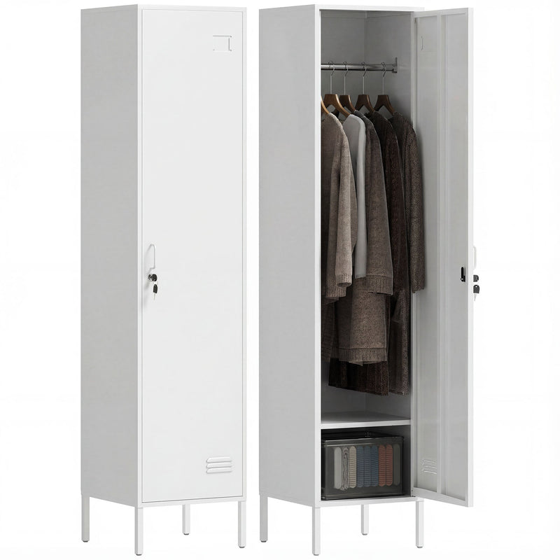 White single metal locker cabinet shown closed and open with coats hanging inside