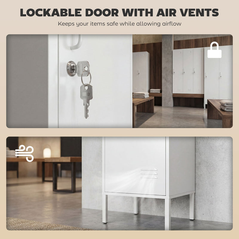 Lockable door with key and air vents on the white steel locker