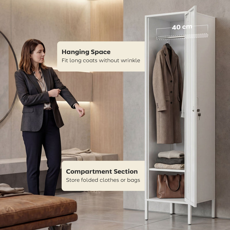 Hanging space for long coats and lower compartment for folded clothes and bags