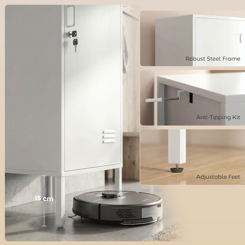Steel frame, anti-tipping kit and adjustable feet with a robot vacuum under the 15 cm clearance