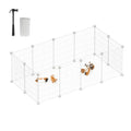 White modular metal wire playpen with small animals inside, shown with a rubber mallet and cable ties