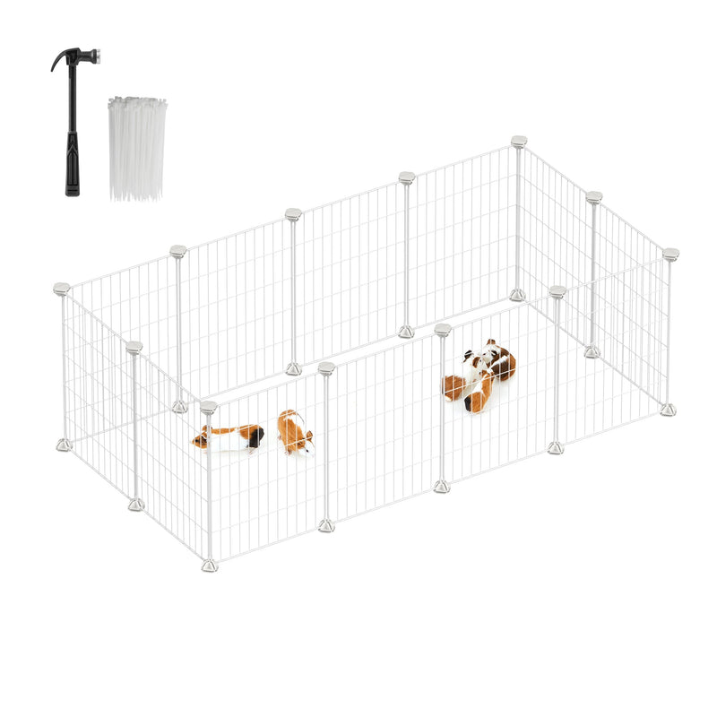 White modular metal wire playpen with small animals inside, shown with a rubber mallet and cable ties