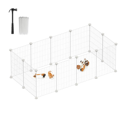 White modular metal wire playpen with small animals inside, shown with a rubber mallet and cable ties