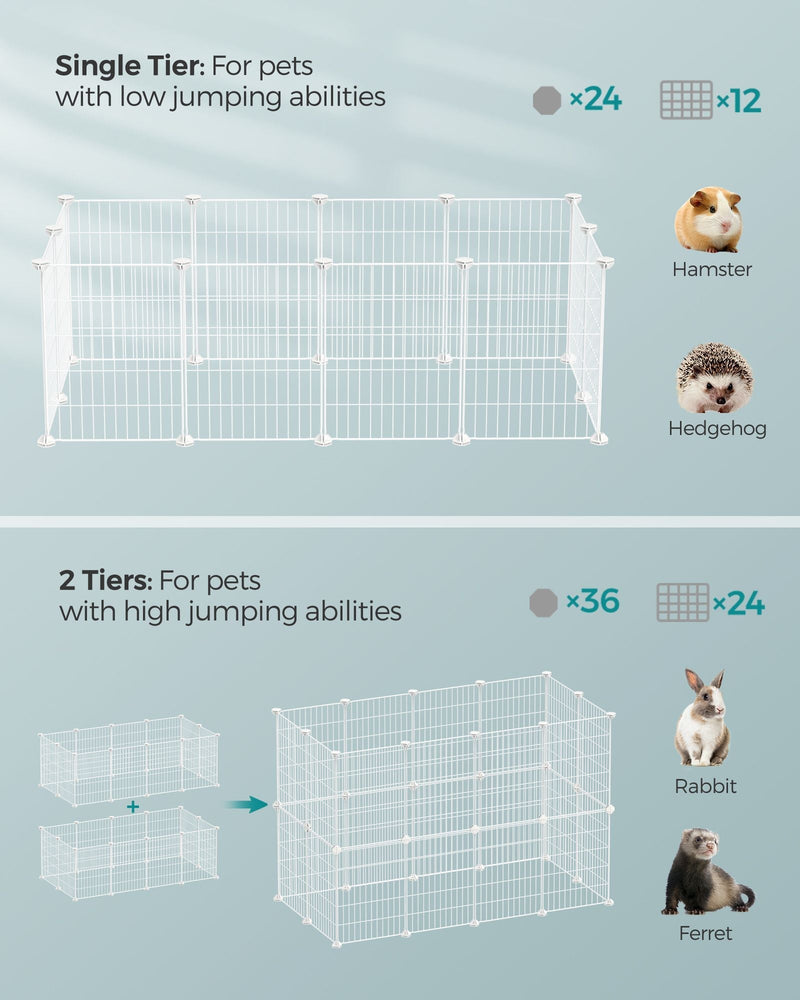 Single tier and two tier playpen layouts with panel and connector counts and suitable pet types