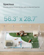 Overhead view of the playpen floor space filled with grass mat, hide, bowl and small pets