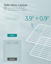 Close-up of the narrow wire grid on a playpen panel compared with a wider-spaced panel