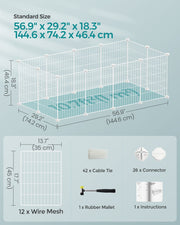 Playpen size diagram showing 144.6 x 74.2 x 46.4 cm with panel size and box contents