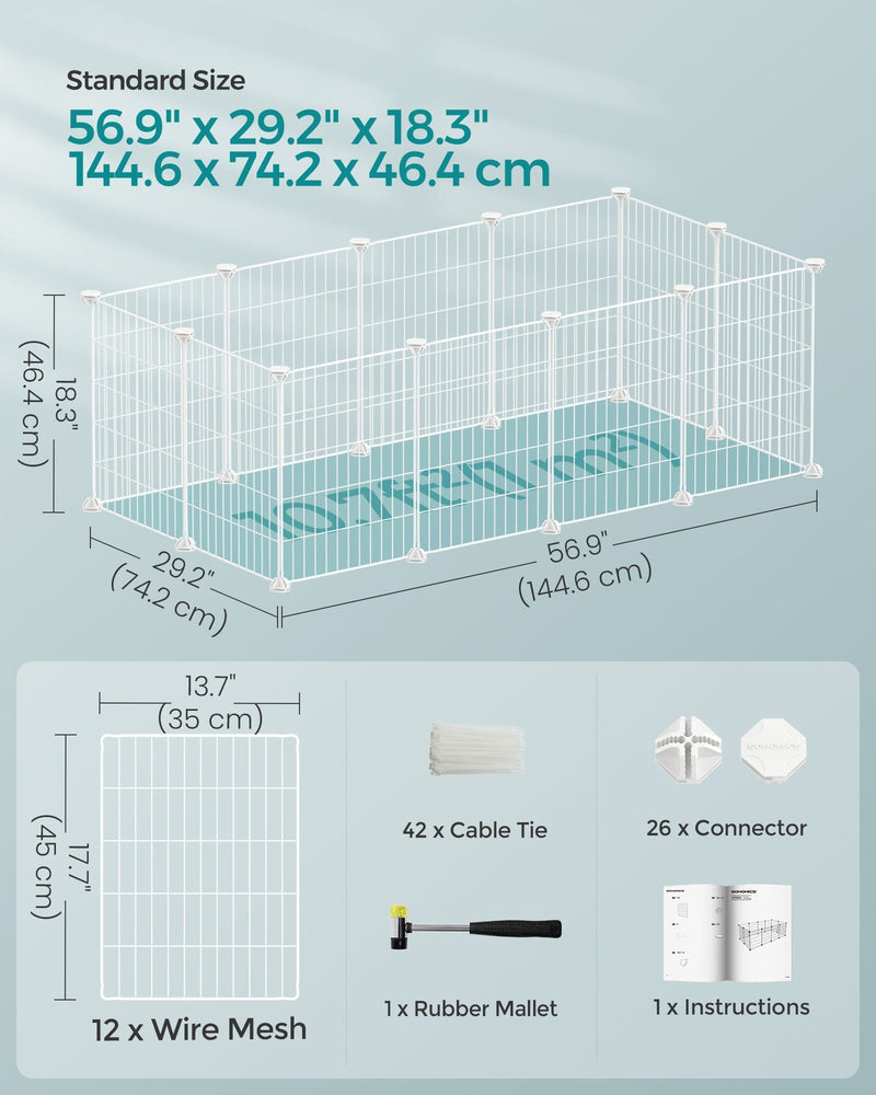 Playpen size diagram showing 144.6 x 74.2 x 46.4 cm with panel size and box contents