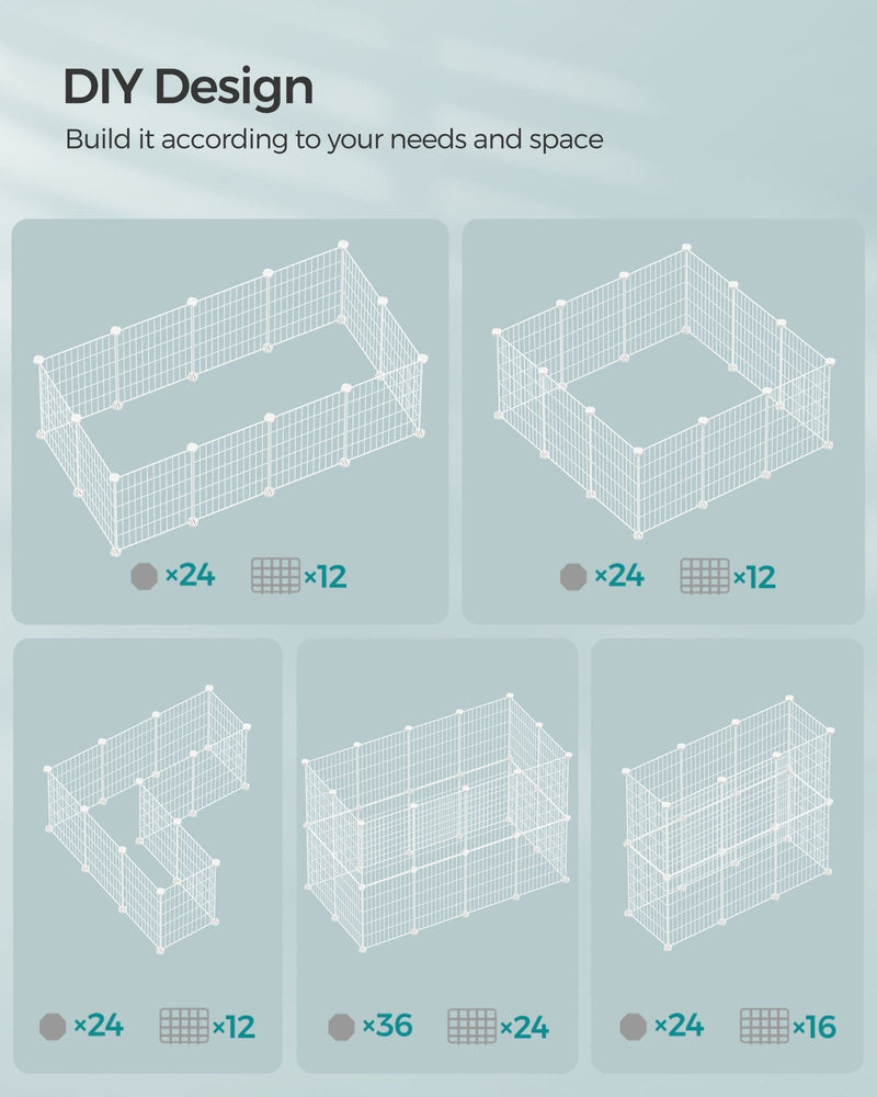 Five different DIY playpen layout shapes built from the wire panels