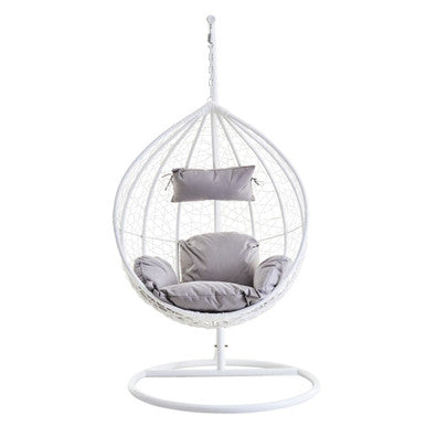 White rattan effect hanging chair with grey cushion, studio shot