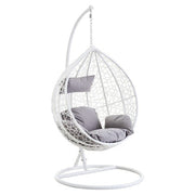 White rattan effect hanging chair with grey cushion, plain background