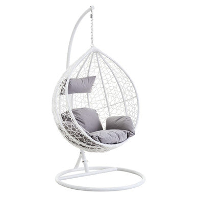 White rattan effect hanging chair with grey cushion, plain background
