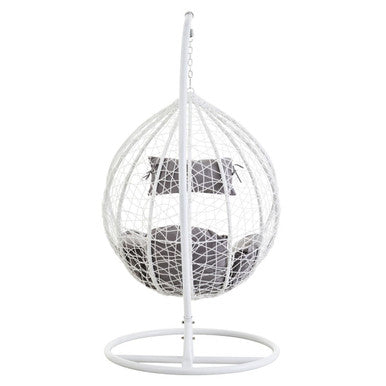 Angled view of the white rattan hanging chair, plain background