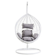 White rattan effect hanging chair with grey cushion, studio shot
