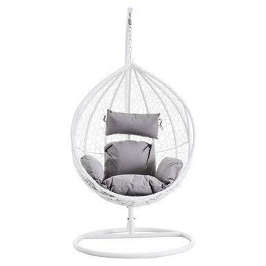 White rattan effect hanging chair with grey cushion, studio shot
