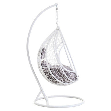 Front view of the white rattan effect hanging chair on a plain background