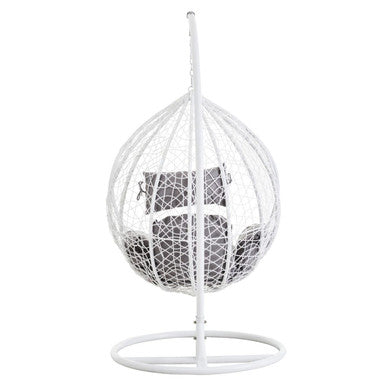Angled view of the white rattan hanging chair, plain background