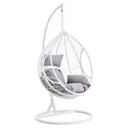 White rattan effect hanging chair with grey cushion, plain background