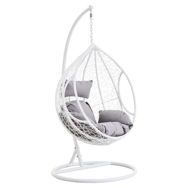 White rattan effect hanging chair with grey cushion, plain background