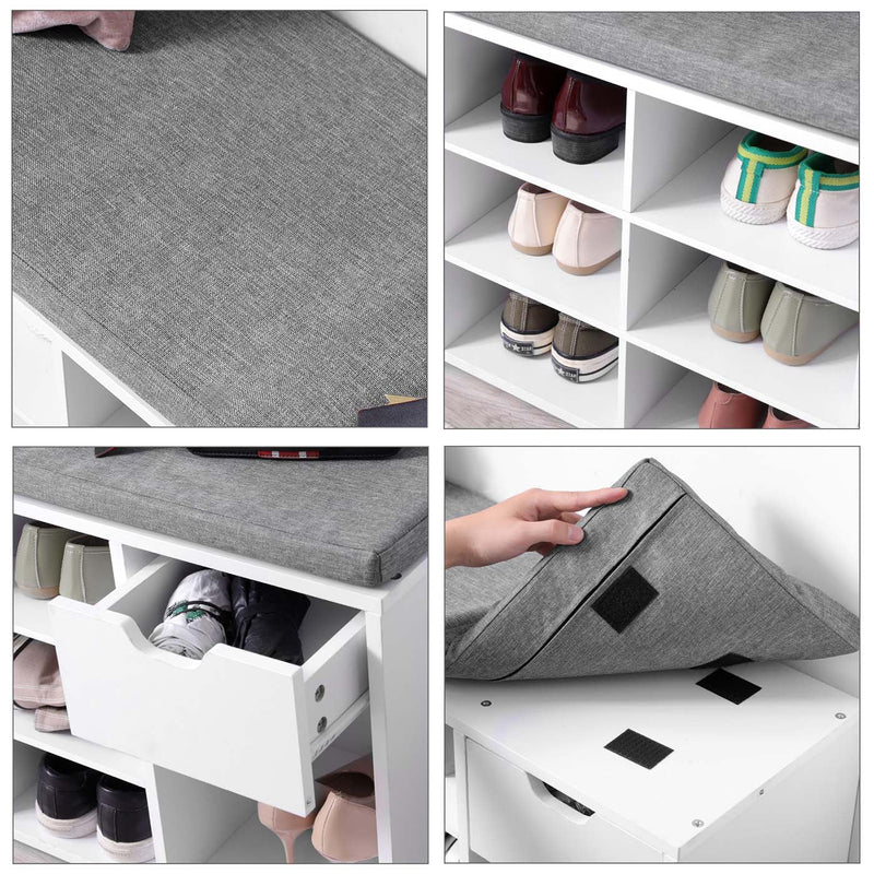 Close up of the grey woven seat fabric beside shoes stored in the open white cubbies