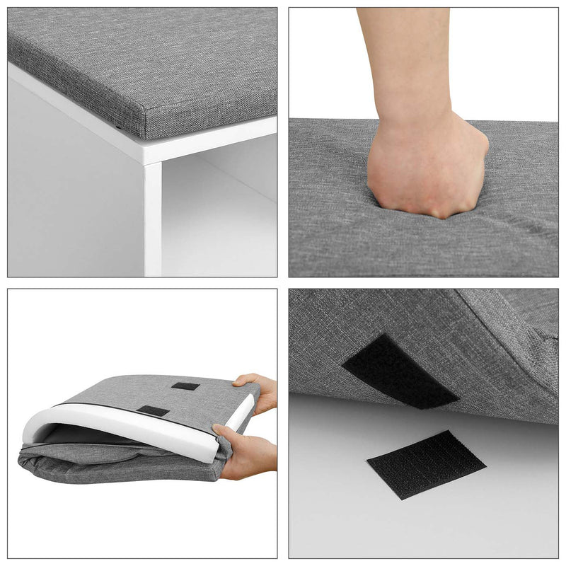 Close up of the cushion edge sitting flush on the bench top, and a foot resting on the padded seat