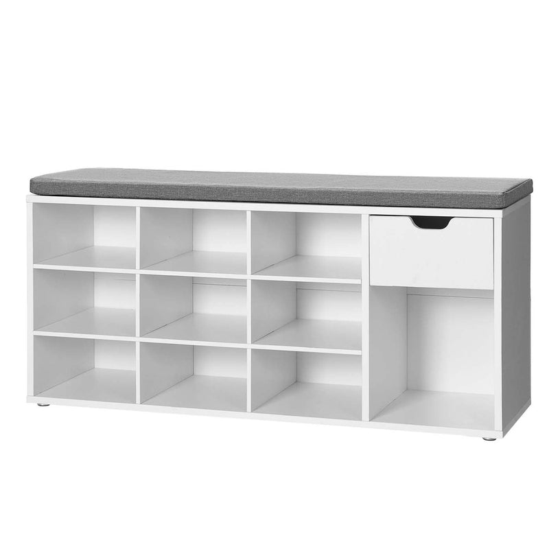 Angled studio view of the empty white shoe bench showing the drawer above the tall boot compartment