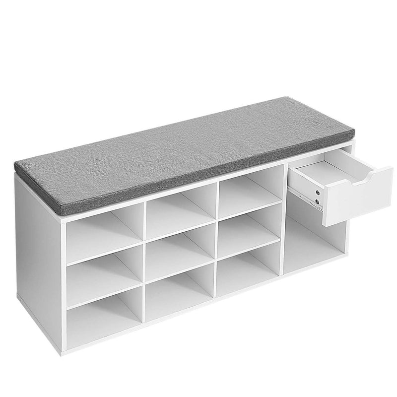 Three quarter studio view of the white bench with the drawer pulled open and the grey cushion fitted