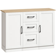 White sideboard with a wood-effect top, three centre drawers and two doors with black handles on a plain background