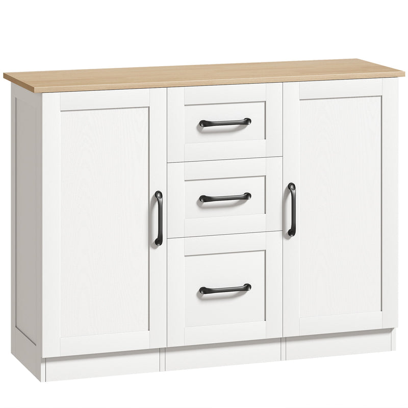 White sideboard with a wood-effect top, three centre drawers and two doors with black handles on a plain background