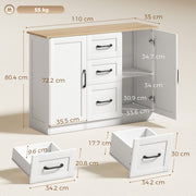 Dimensions diagram of the sideboard showing 110 cm width, 35 cm depth, 80.4 cm height and drawer sizes