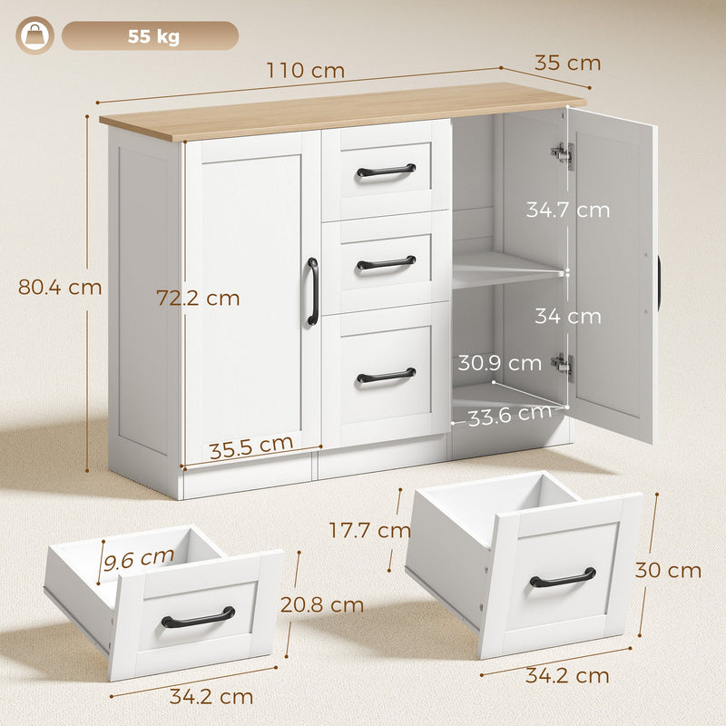 Dimensions diagram of the sideboard showing 110 cm width, 35 cm depth, 80.4 cm height and drawer sizes